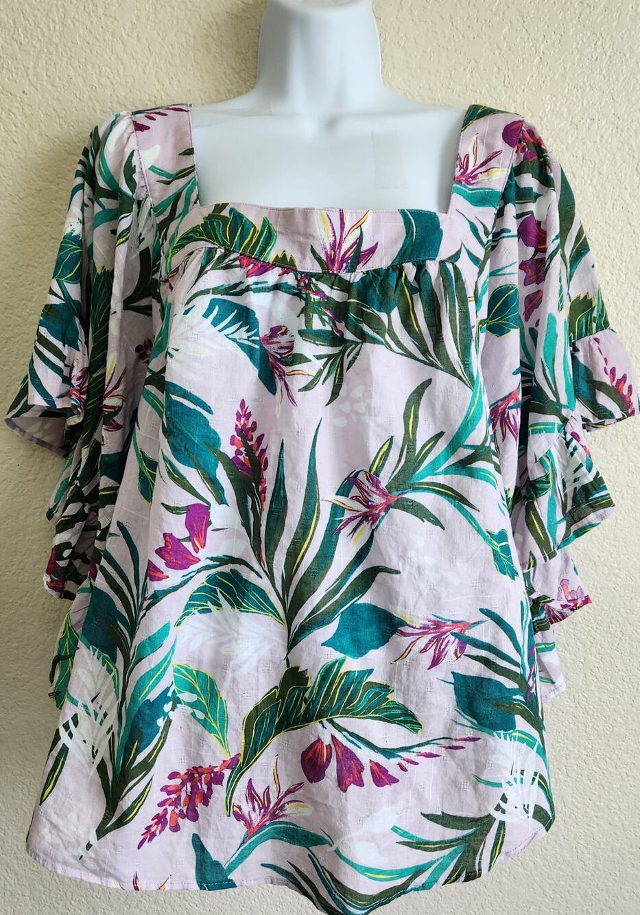 Terra & Sky Purple Green Floral Print Ruffled Short Sleeve Top 2X Plus NWT